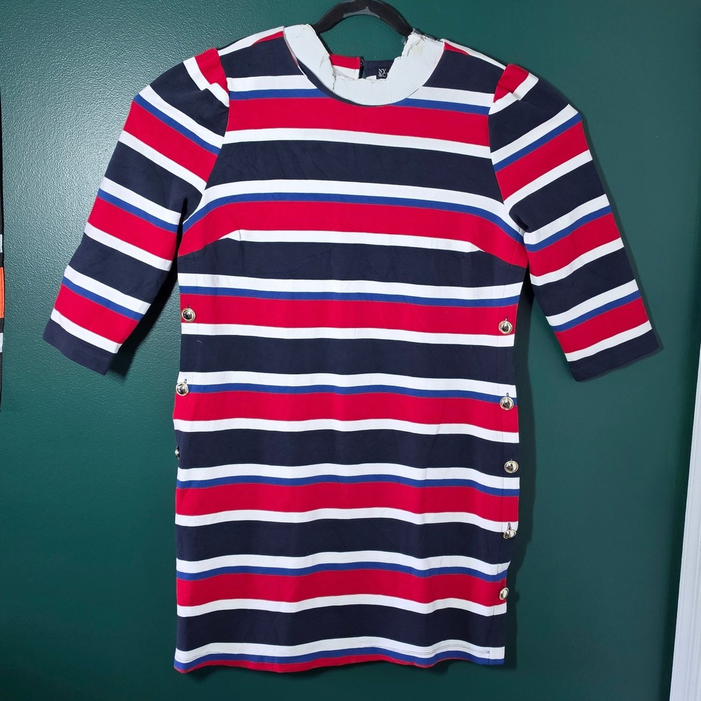 NY & Co Womens XL Red White Blue Striped Nautical Sheath Dress Gold Button